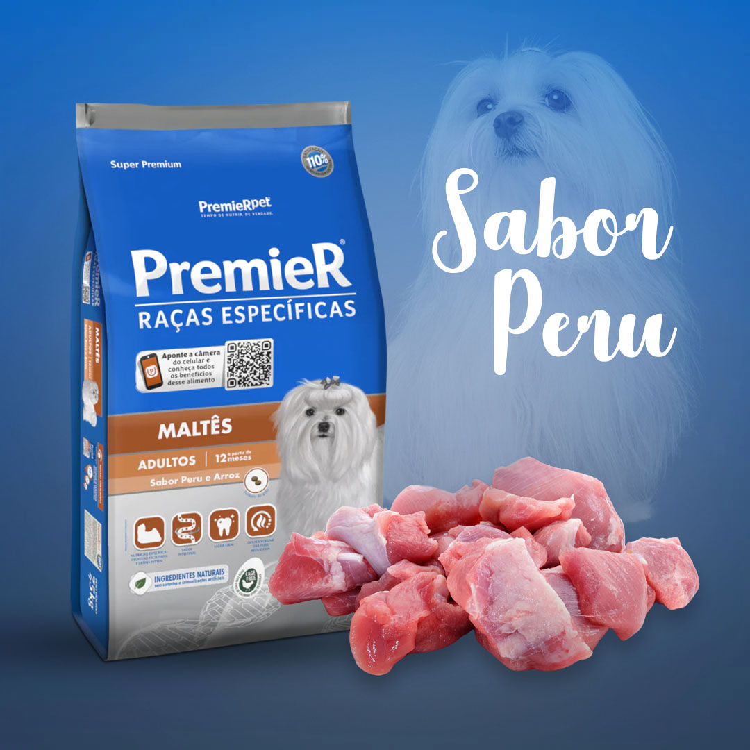 Ração Premier Raças Específicas para Cães Adultos Maltês Sabor Peru e Arroz 1Kg