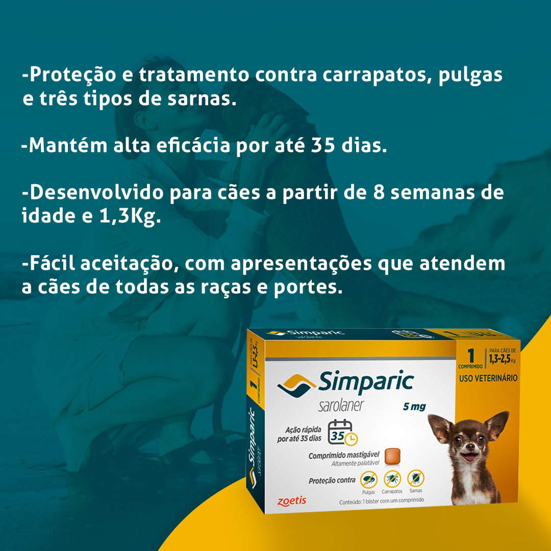 Antipulgas e Carrapatos Simparic 5mg para Cães de 1,3 a 2,5Kg 1 Comprimido Zoetis