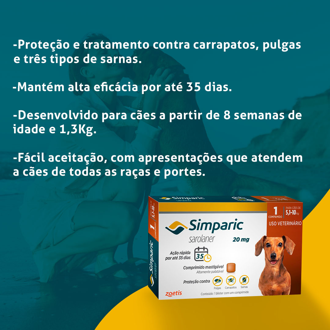 Antipulgas e Carrapatos Simparic 20mg para Cães de 5,1 a 10Kg 1 Comprimido Zoetis