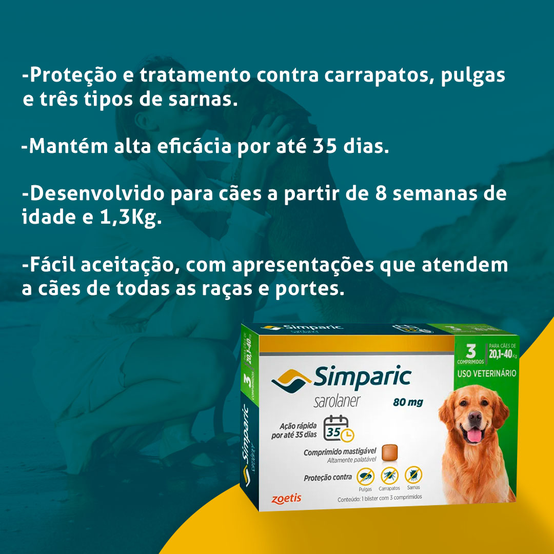 Antipulgas e Carrapatos Simparic 80mg para Cães 20,1 a 40Kg 3 Comprimidos Zoetis