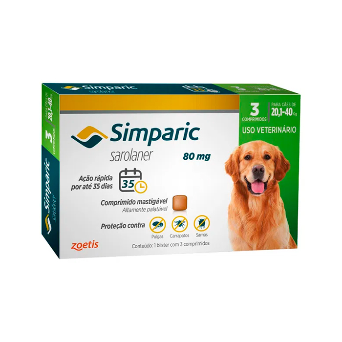 Antipulgas e Carrapatos Simparic 80mg para Cães 20,1 a 40Kg 3 Comprimidos Zoetis