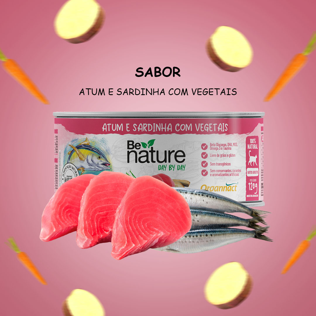 Ração Be Nature Lata Day By Day para Gatos Adultos Sabor Atum e Sardinha com Vegetais 120g Organnact