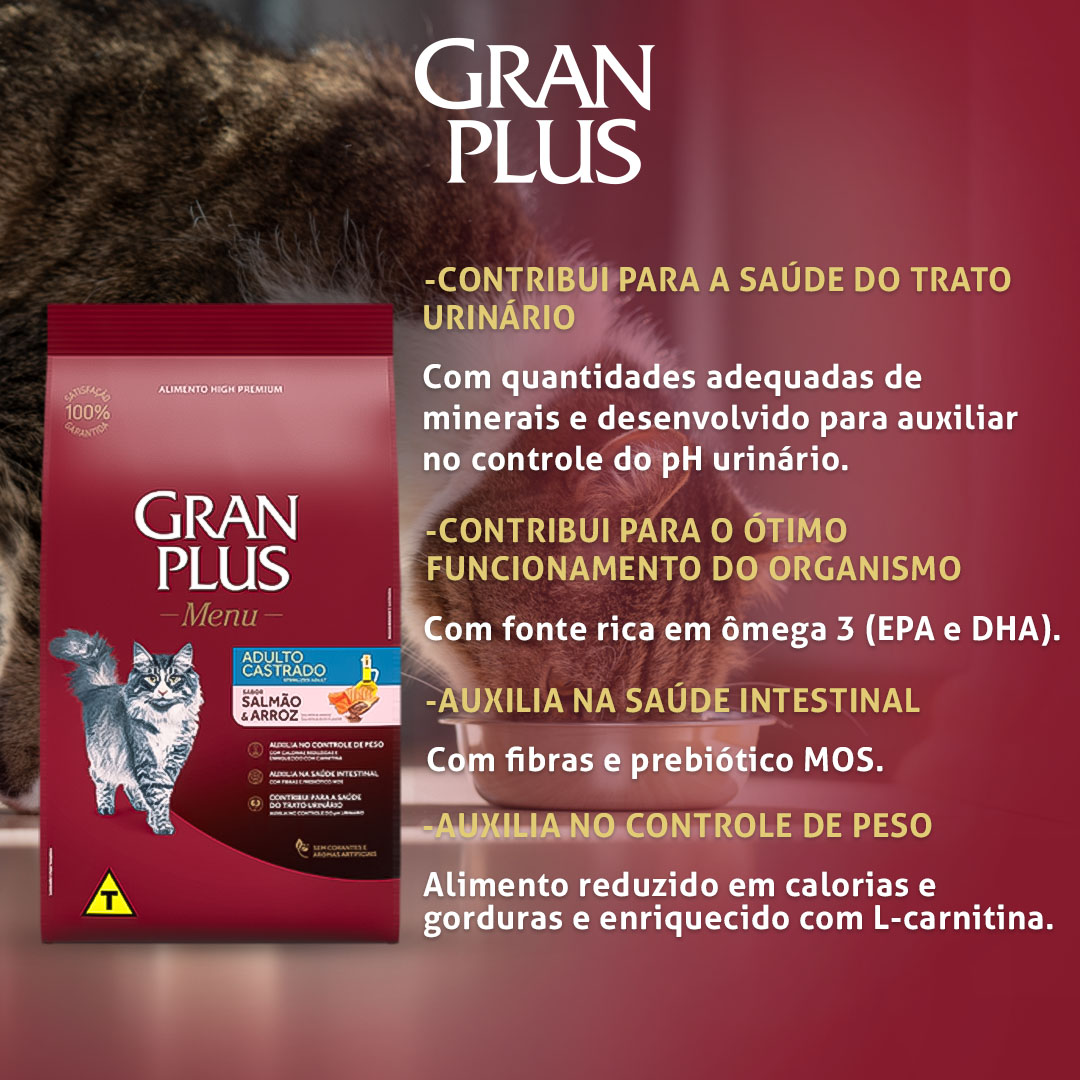 Ração GranPlus Menu para Gatos Adultos Castrados Sabor Salmão e Arroz 3Kg