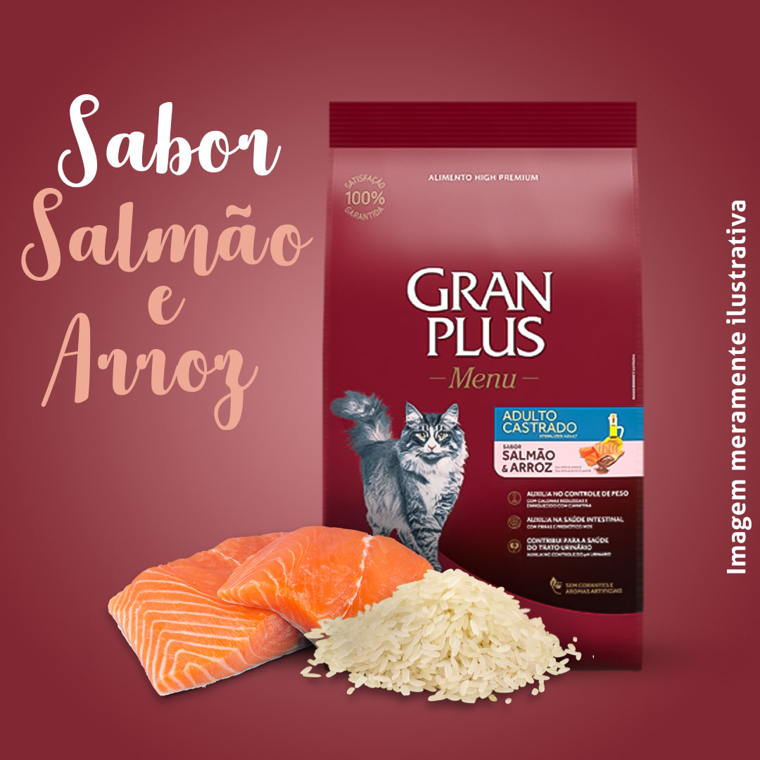 Ração GranPlus Menu para Gatos Adultos Castrados Sabor Salmão e Arroz 3Kg