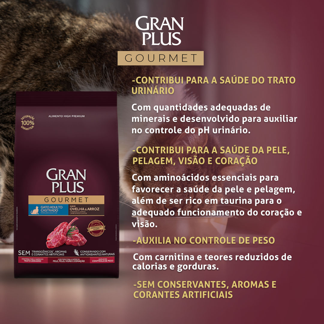 Ração GranPlus Gourmet para Gatos Adultos Castrados Sabor Ovelha e Arroz 3Kg