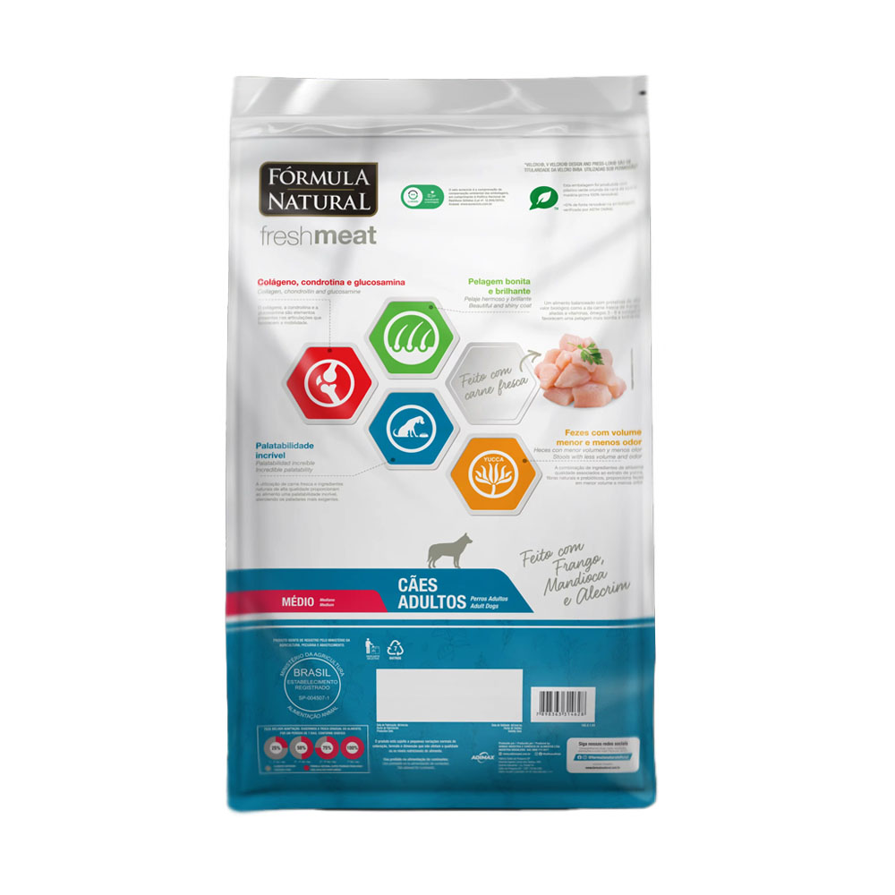 Ração Fórmula Natural Fresh Meat para Cães Adultos de Porte Médio Sabor Frango, Mandioca e Alecrim 12Kg Adimax