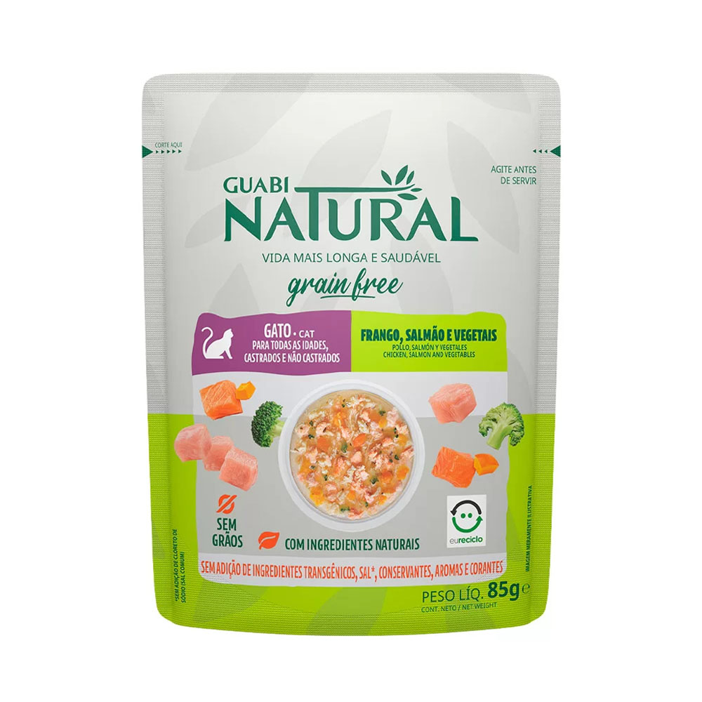 Ração Úmida Guabi Natural Grain Free para Gatos de Todas as Idades, Castrados e não Castrados Sabor Frango, Salmão e Vegetais 85g