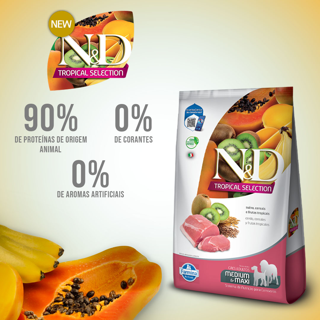 Ração Farmina N&D Tropical Selection para Cães Adultos de Raças Médias e Grandes Sabor Suíno, Cereais e Frutas Tropicais 2Kg+500g Grátis