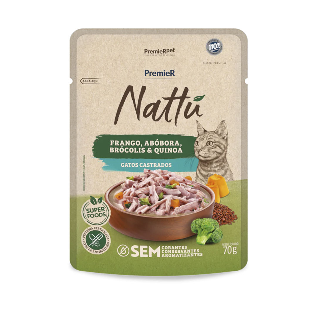 Ração Úmida Premier Nattu para Gatos Castrados Sabor Frango, Abóbora, Brócolis e Quinoa 70g