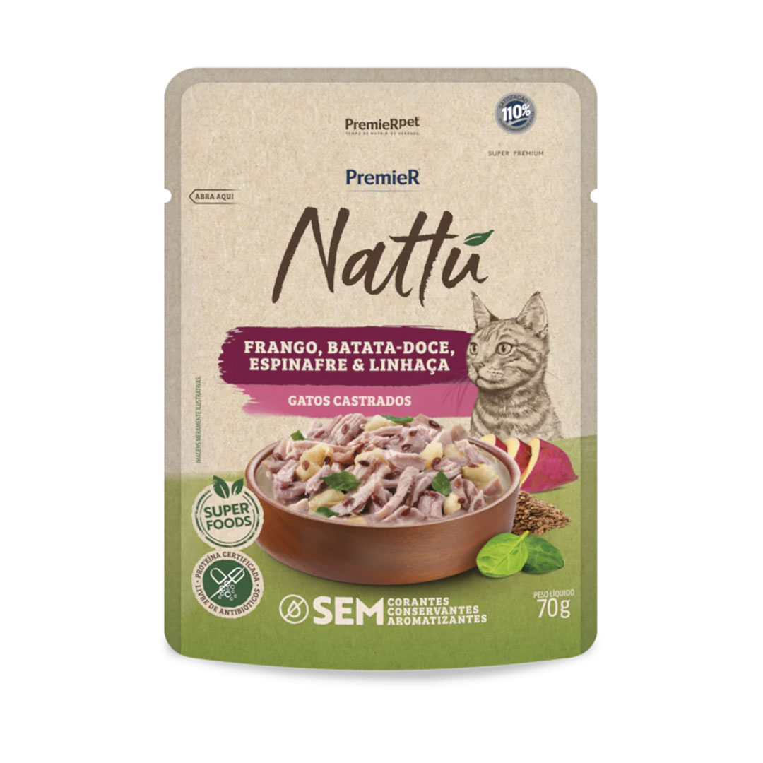 Ração Úmida Premier Nattu para Gatos Castrados Sabor Frango, Batata Doce, Espinafre e Linhaça 70g