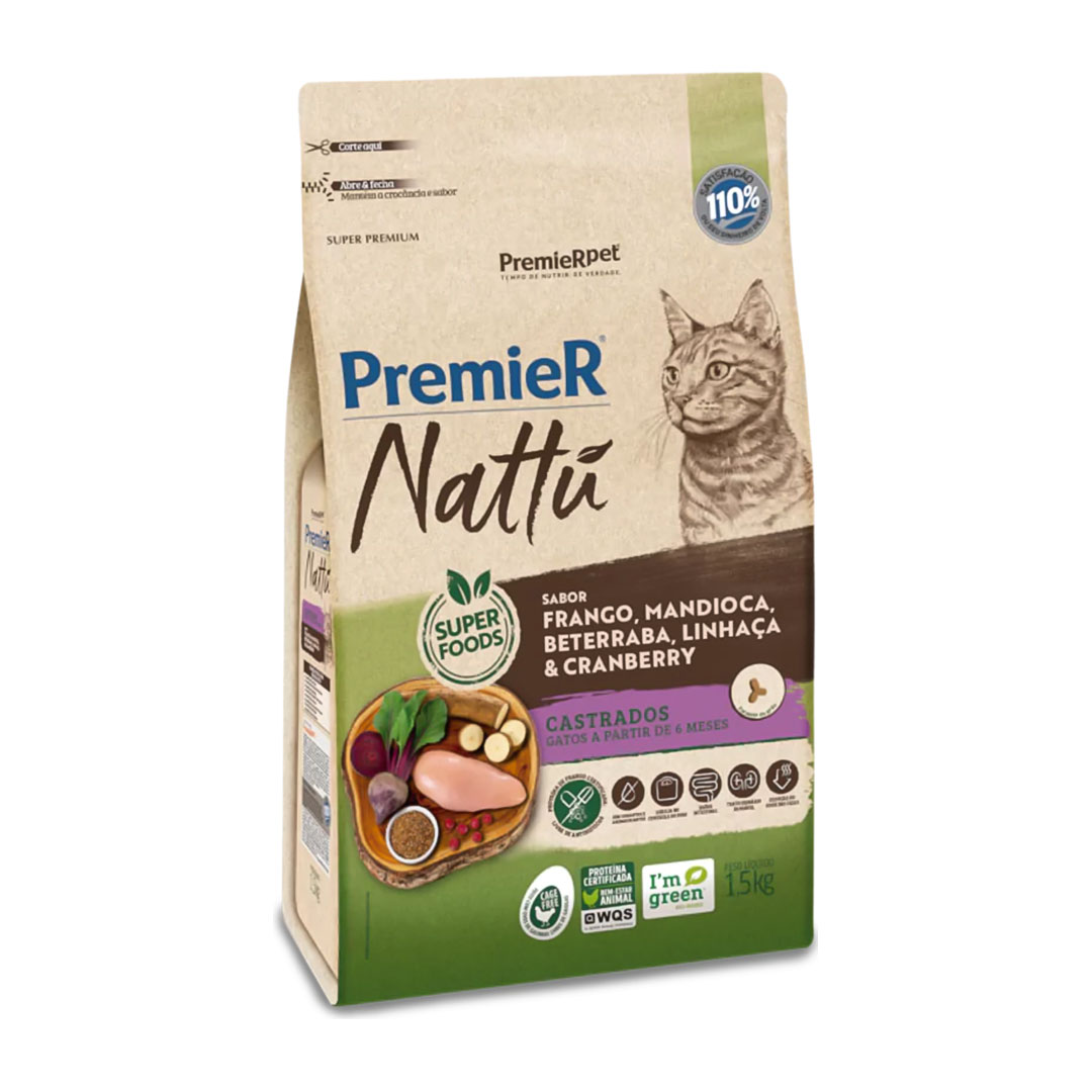 Ração Premier Nattu para Gatos Castrados Sabor Frango, Mandioca, Beterraba, Linhaça & Cranberry 1,5Kg