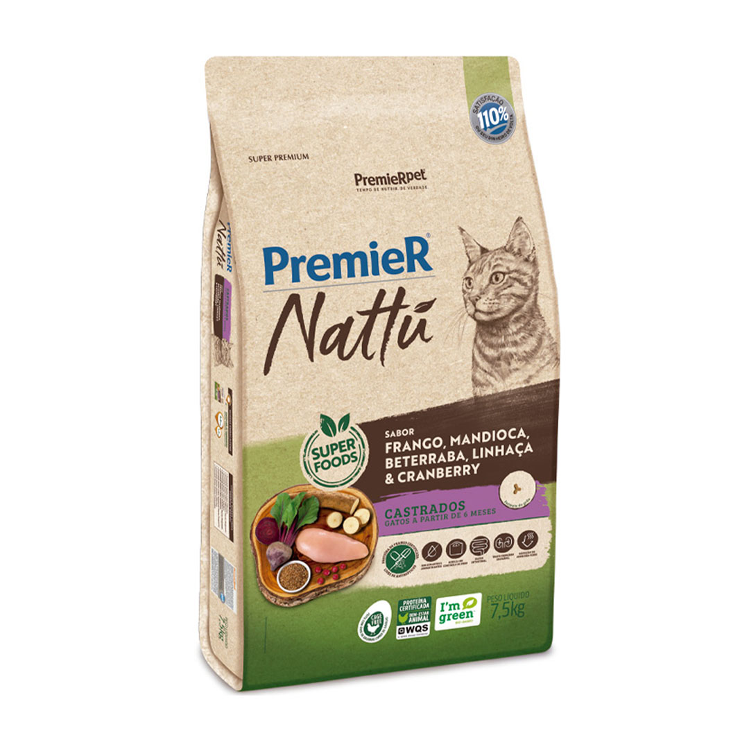 Ração Premier Nattu para Gatos Castrados Sabor Frango, Mandioca, Beterraba, Linhaça & Cranberry 7,5Kg