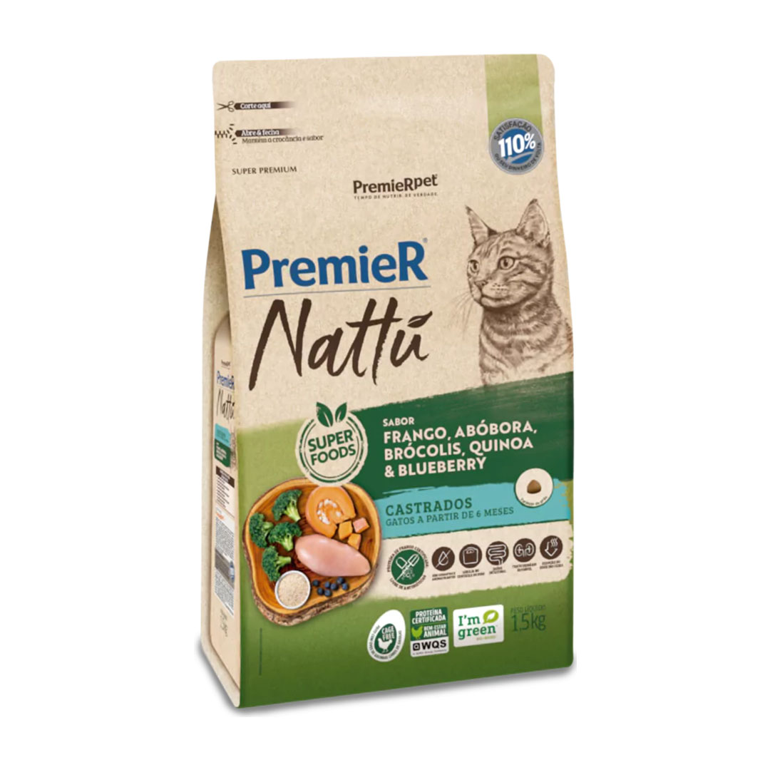 Ração Premier Nattu para Gatos Castrados Sabor Frango, Abóbora, Brócolis, Quinoa & Blueberry 1,5Kg