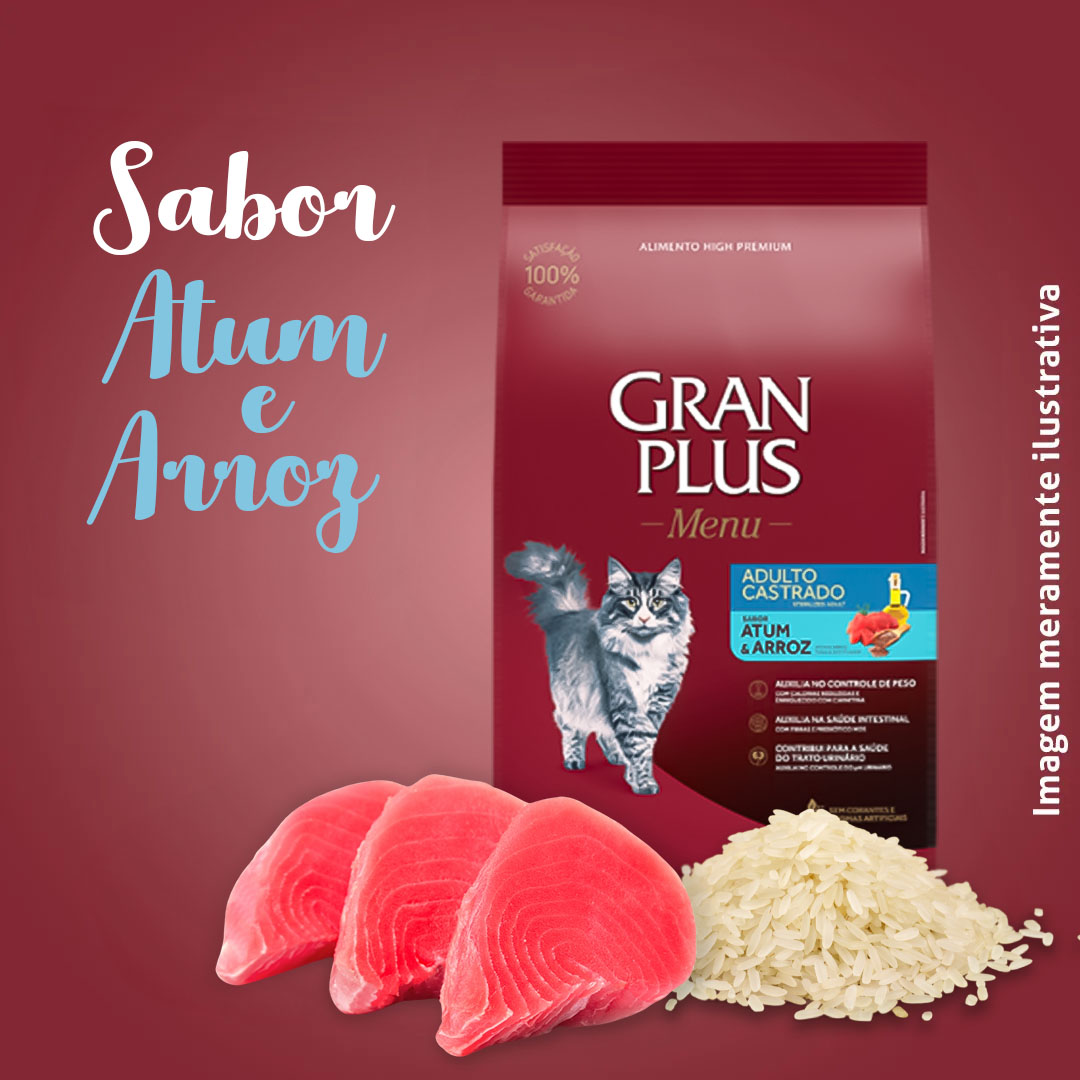 Ração GranPlus Menu para Gatos Adultos Castrados Sabor Atum e Arroz 3Kg