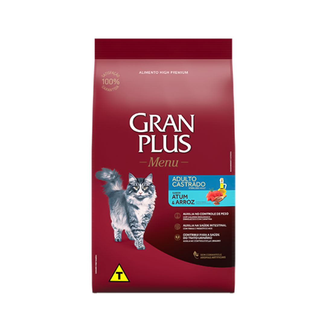 Ração GranPlus Menu para Gatos Adultos Castrados Sabor Atum e Arroz 3Kg