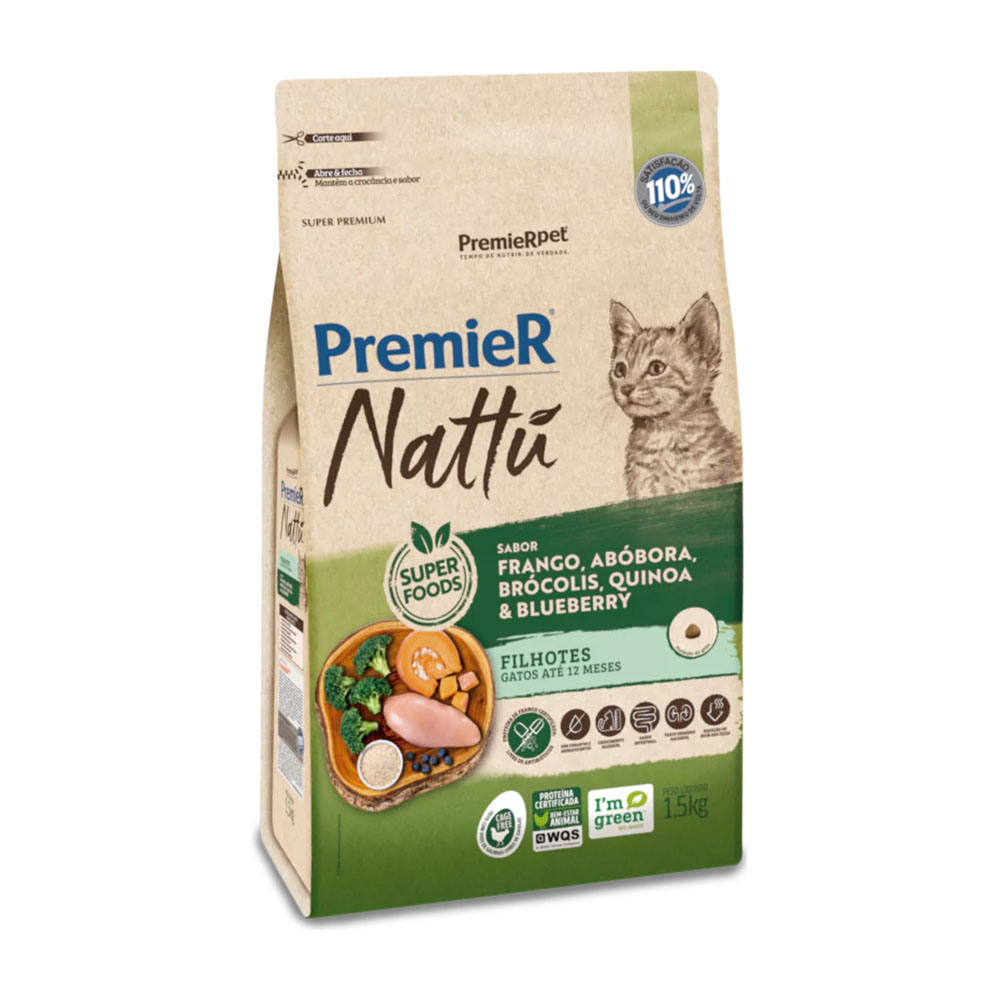 Ração Premier Nattu para Gatos Filhotes Sabor Frango, Abóbora, Brócolis, Quinoa e Blueberry 1,5Kg