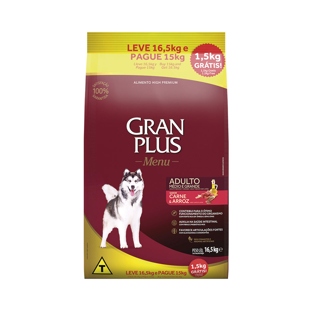 Ração GranPlus Menu para Cães Adultos de Porte Médio e Grande Sabor Carne e Arroz 15Kg+1,5kg Grátis