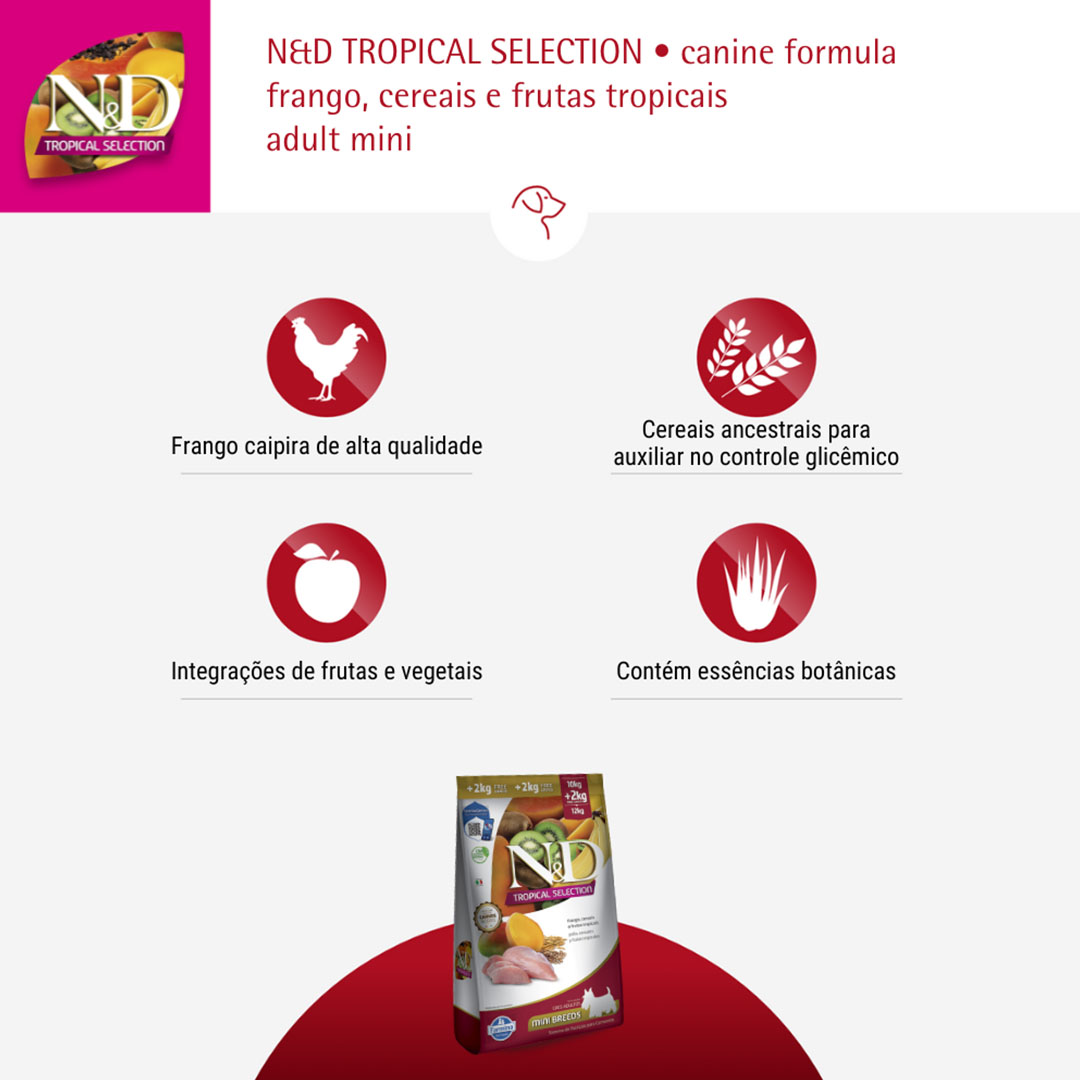 Ração Farmina N&D Tropical Selection para Cães Adultos de Raças Pequenas Sabor Frango, Cereais e Frutas Tropicais 10Kg+2Kg Grátis